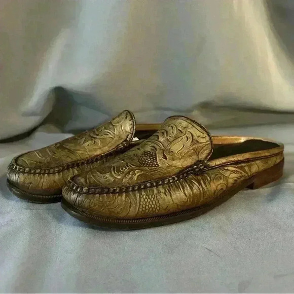 Cole Haan Elkins Tooled Leather Slides Brown Embossed Leather Slip-On Loafers 7B - Picture 1 of 9